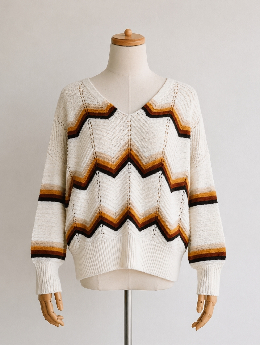 FCT With Love Chevron Pattern V-Neck Sweater - Cream and Brown✨